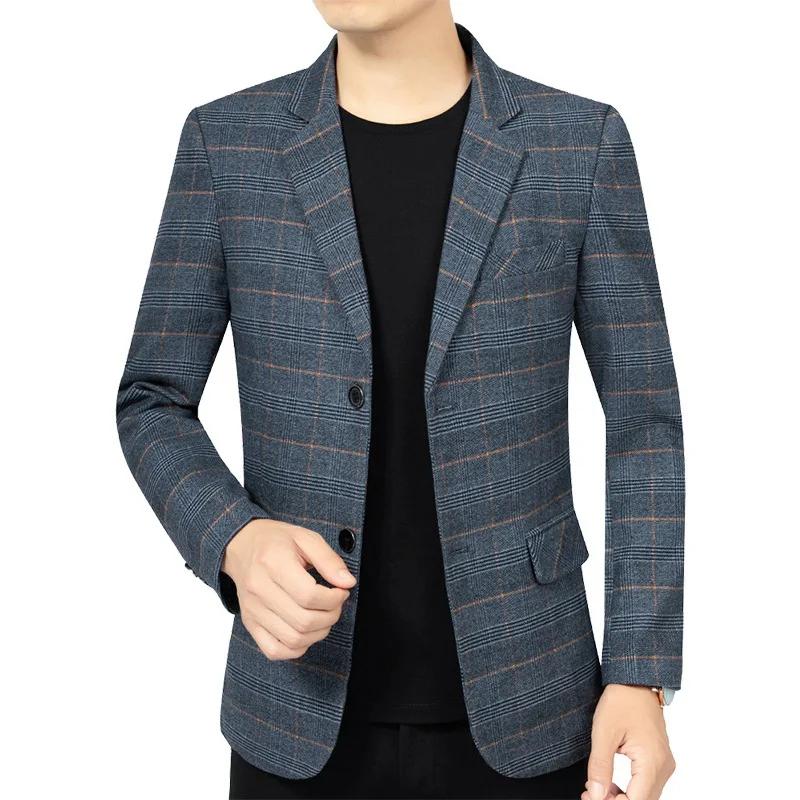 Blazer Homme Automne Tendance Rayé Contraste de Couleurs Veste de Costume Masculine Col Rabattu Manc