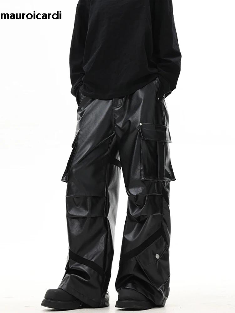 Mauroicardi-Pantalon Cargo en Cuir PU pour Homme, Baggy Noir, Jambes Larges, Poches Tridimensionnell
