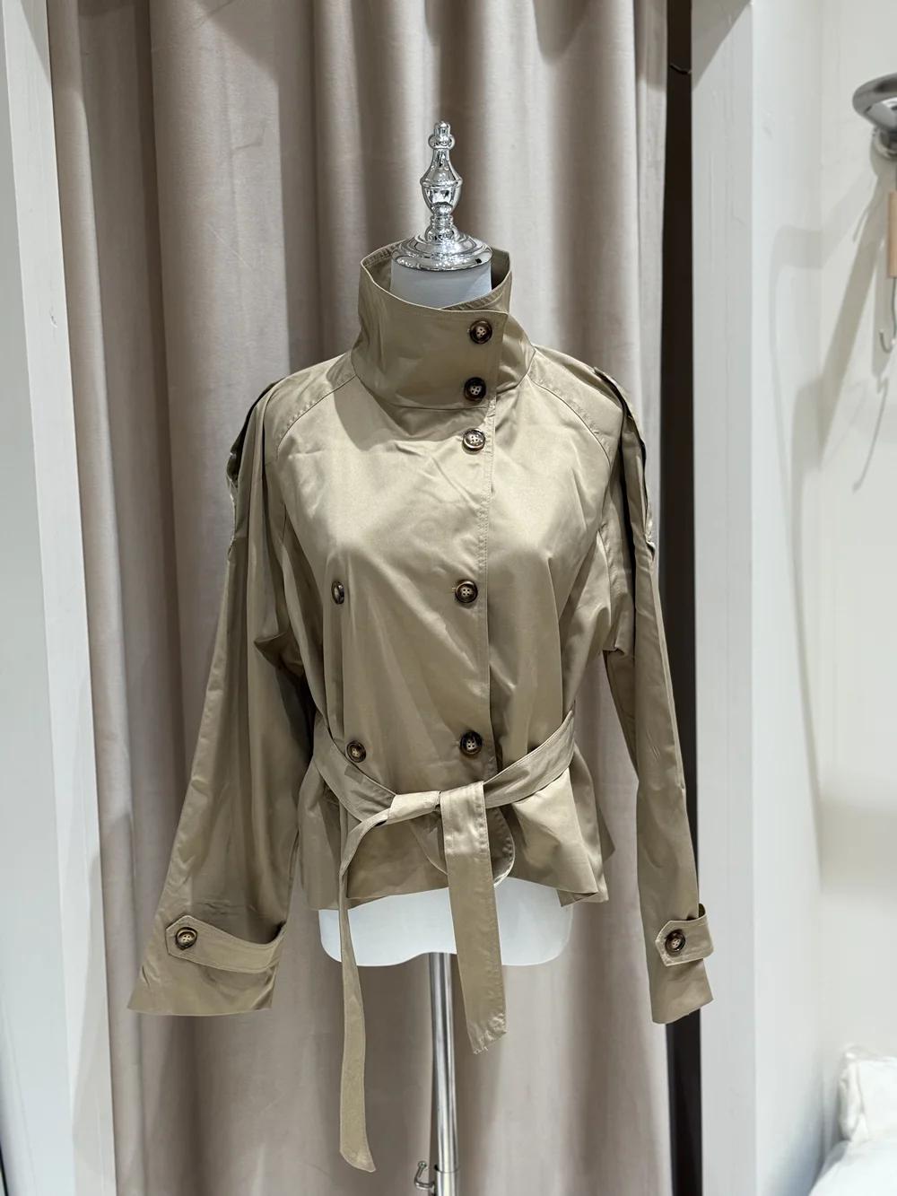 Trench court à taille ceinturée pour femme, manteaux à col montant et Double boutonnage, Chic, décon