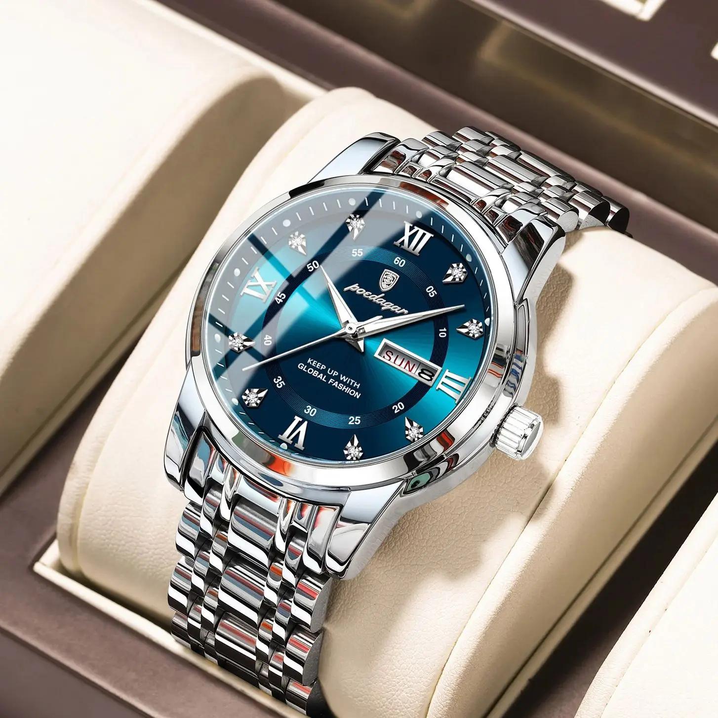 POEDAGAR luxe à la mode homme montre-bracelet étanche en acier inoxydable lumineux hommes montre Dat