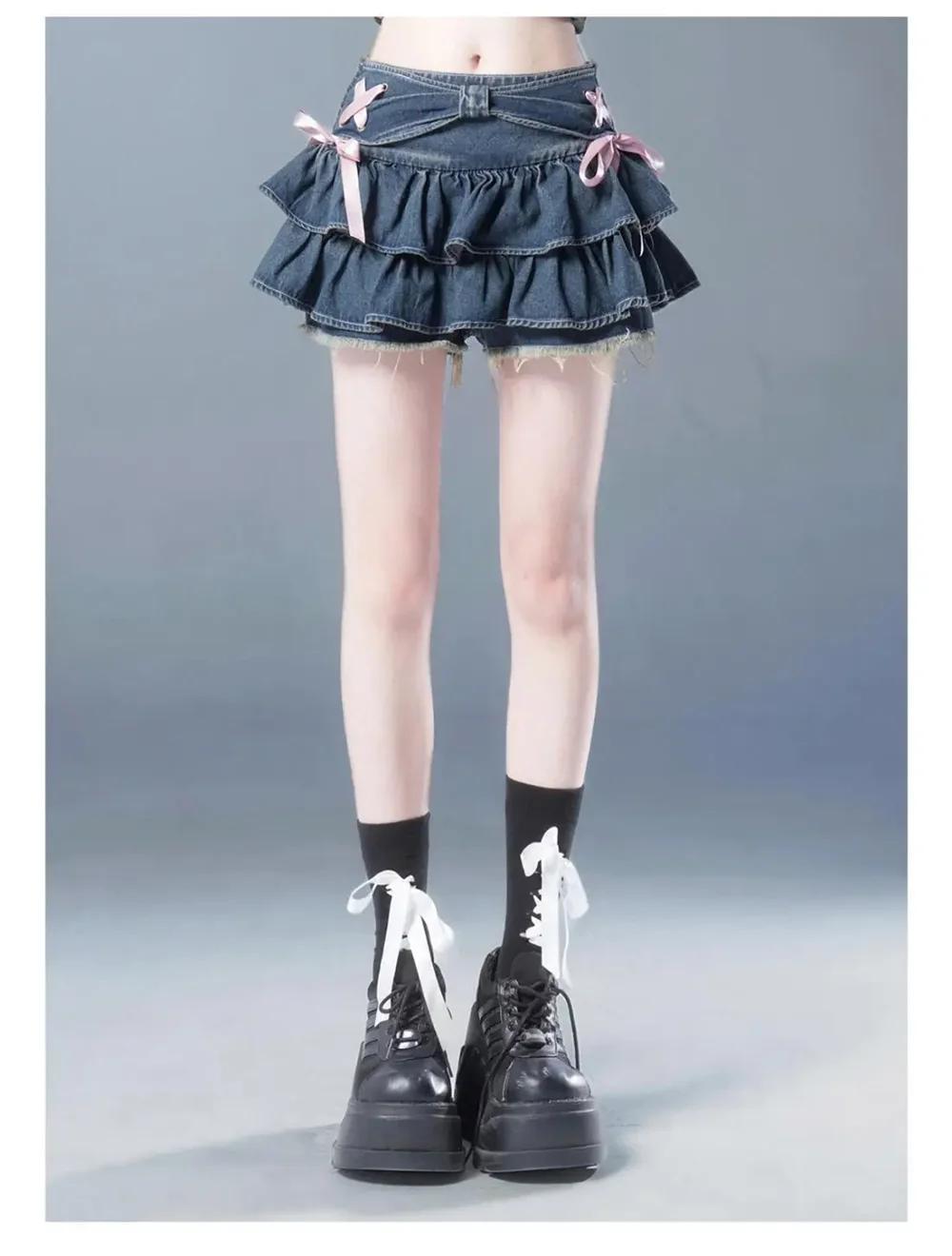 Mini jupe en jean gothique pour femmes, Streetwear américain, Vêtements sexy, Ligne A, Vintage, Noeu