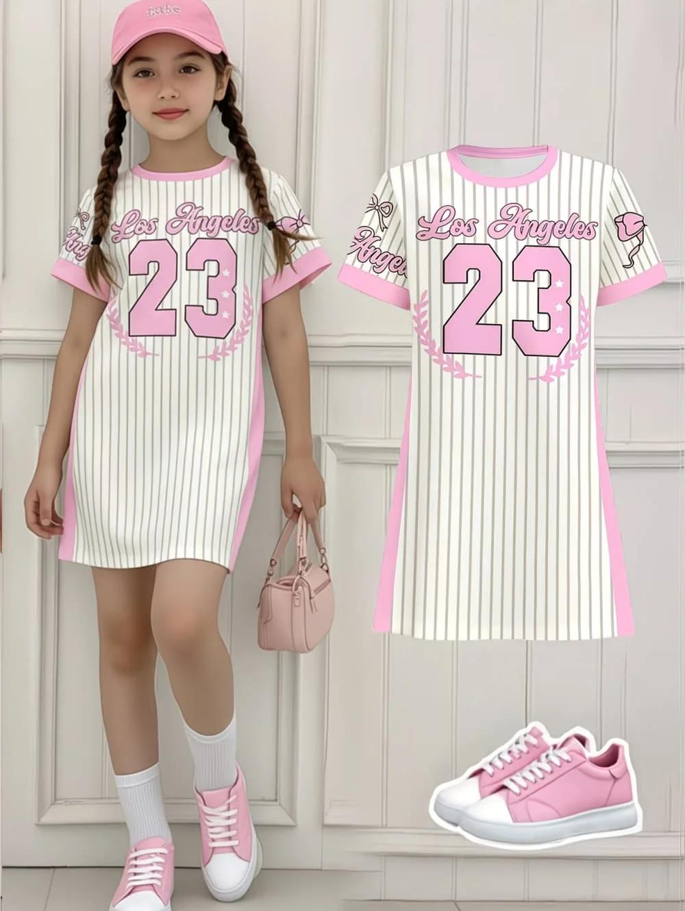 Robe de sport pour filles, imprimé 3D, col rond, manches courtes, robes d'été, style sport baseball,