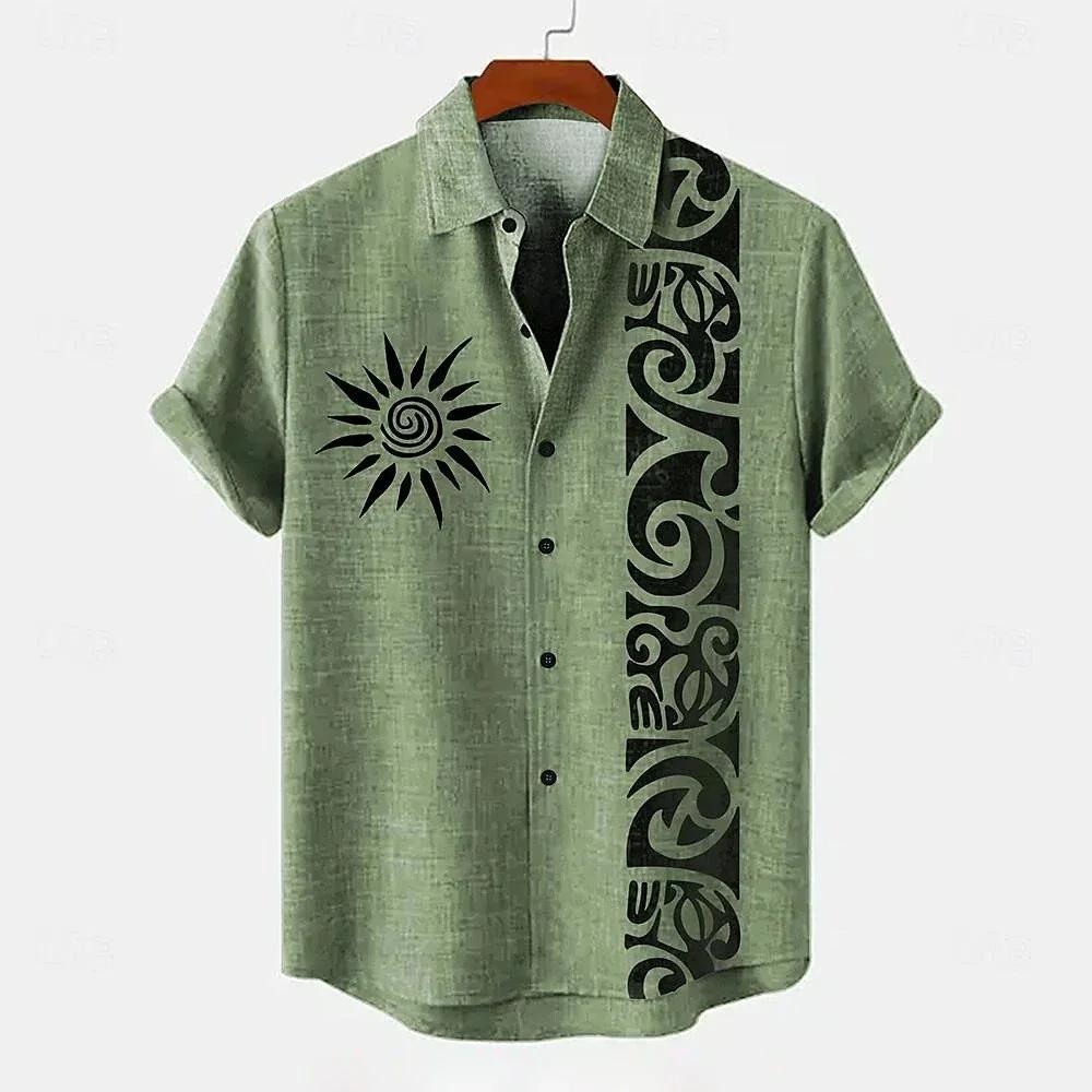 Chemise pour homme en lin, style ethnique, imprimé 3D, chemise décontractée à manches courtes avec c