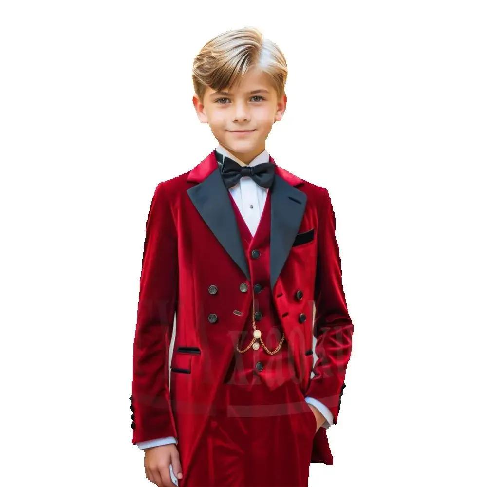 Costume de Cérémonie en Velours pour Garçons, 3 Pièces, Croisé à Trois Boutons, Revers Cranté, Tenue