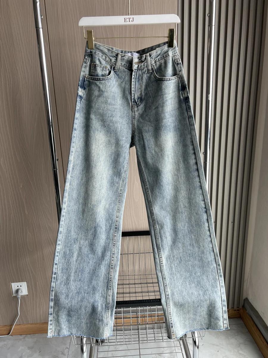 ETJ jean taille haute à jambes larges femme classique tout avec cinq poches lavé doux confortable je