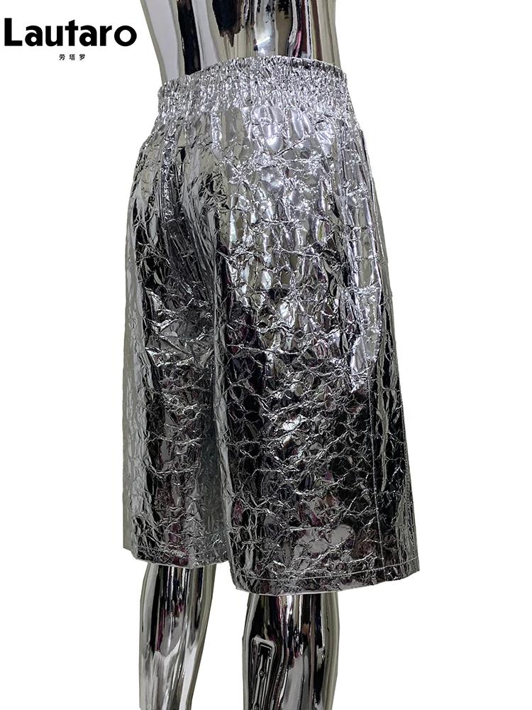 Lautaro été automne brillant argent Faux cuir Shorts pour hommes avec taille haute élastique Y2K Str