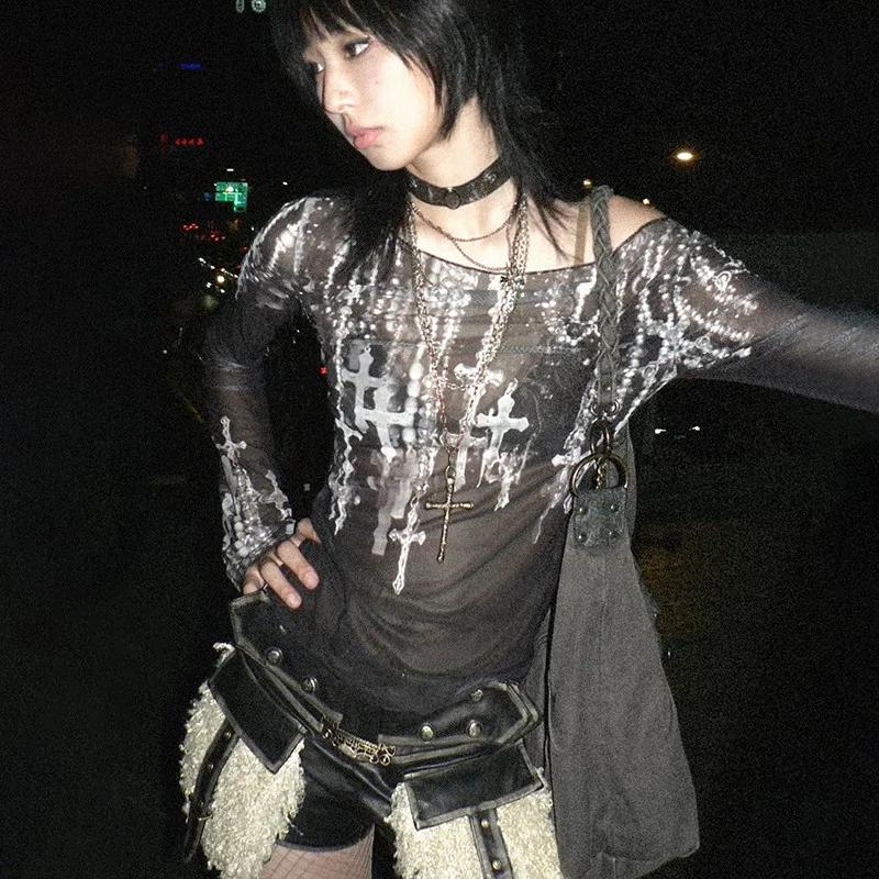 Karrram Grunge esthétique maille hauts japonais Y2k tatouage imprimé hauts transparents Vintage Hara