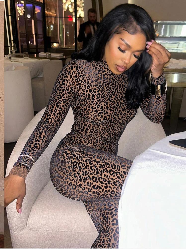 Nibber Voir À Travers Sexy Léopard Maille Combinaison Femmes Sexy Hipster Zip Stretch Minuit Entraîn