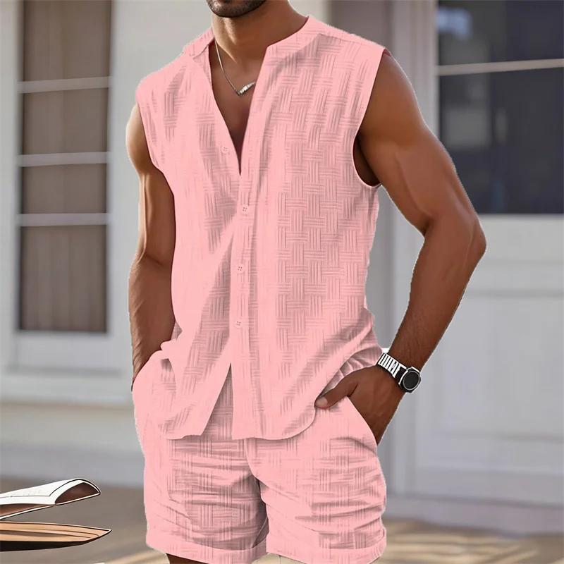 Ensemble deux pièces à carreaux pour hommes, chemise gilet, haut sans manches et short, short sans m