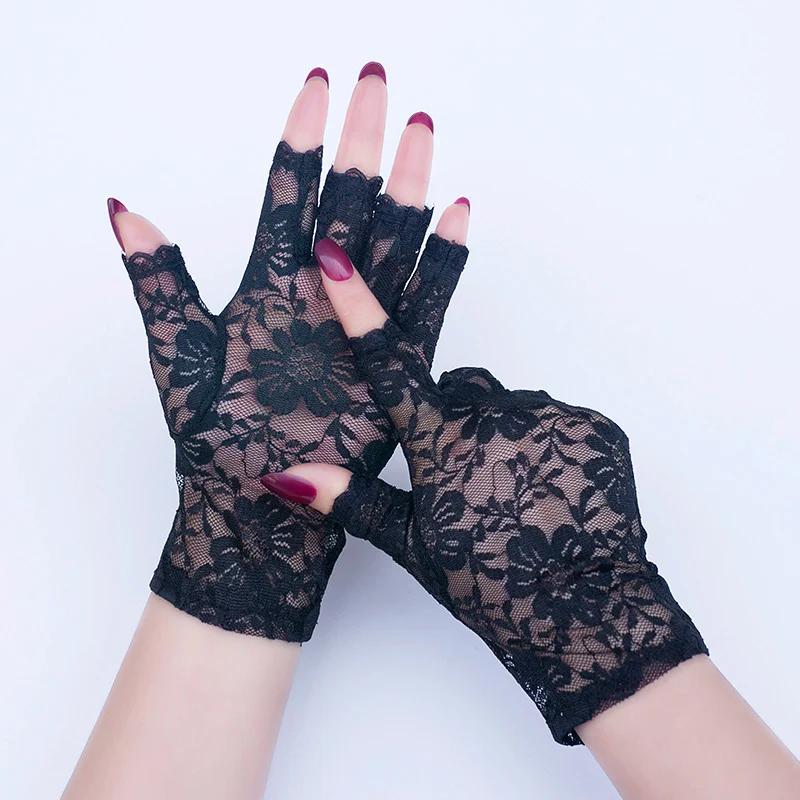 Gants courts en dentelle pour femmes, demi-doigt, Protection solaire, sans doigts, décoration de mar