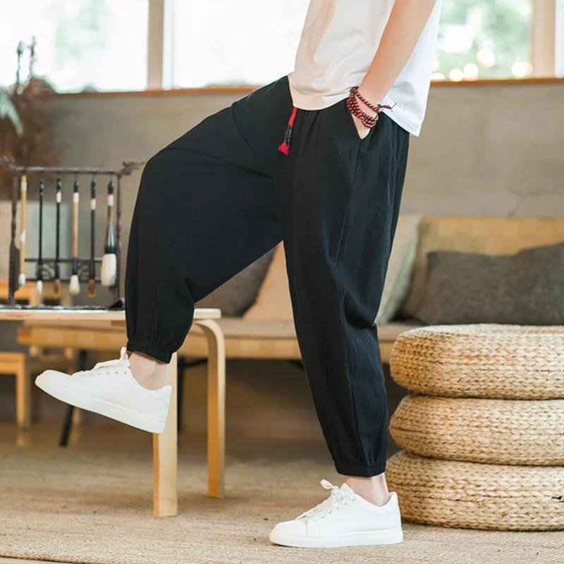 Pantalon décontracté japonais pour homme, en coton et chanvre, coupe ample avec cordon de serrage, s
