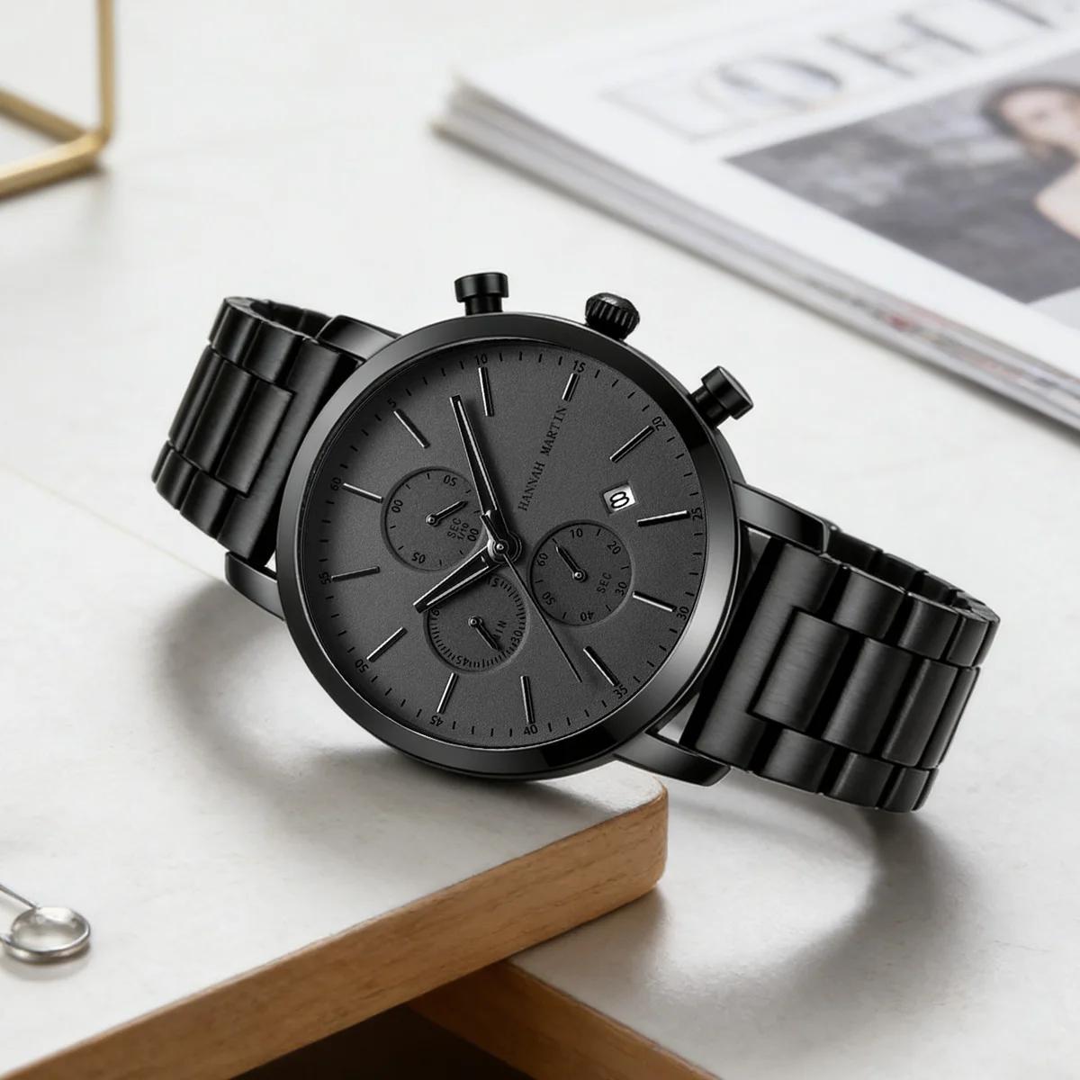 HANNAH MARTIN marque haut hommes montre noir en acier inoxydable mode étanche sport multifonctionnel