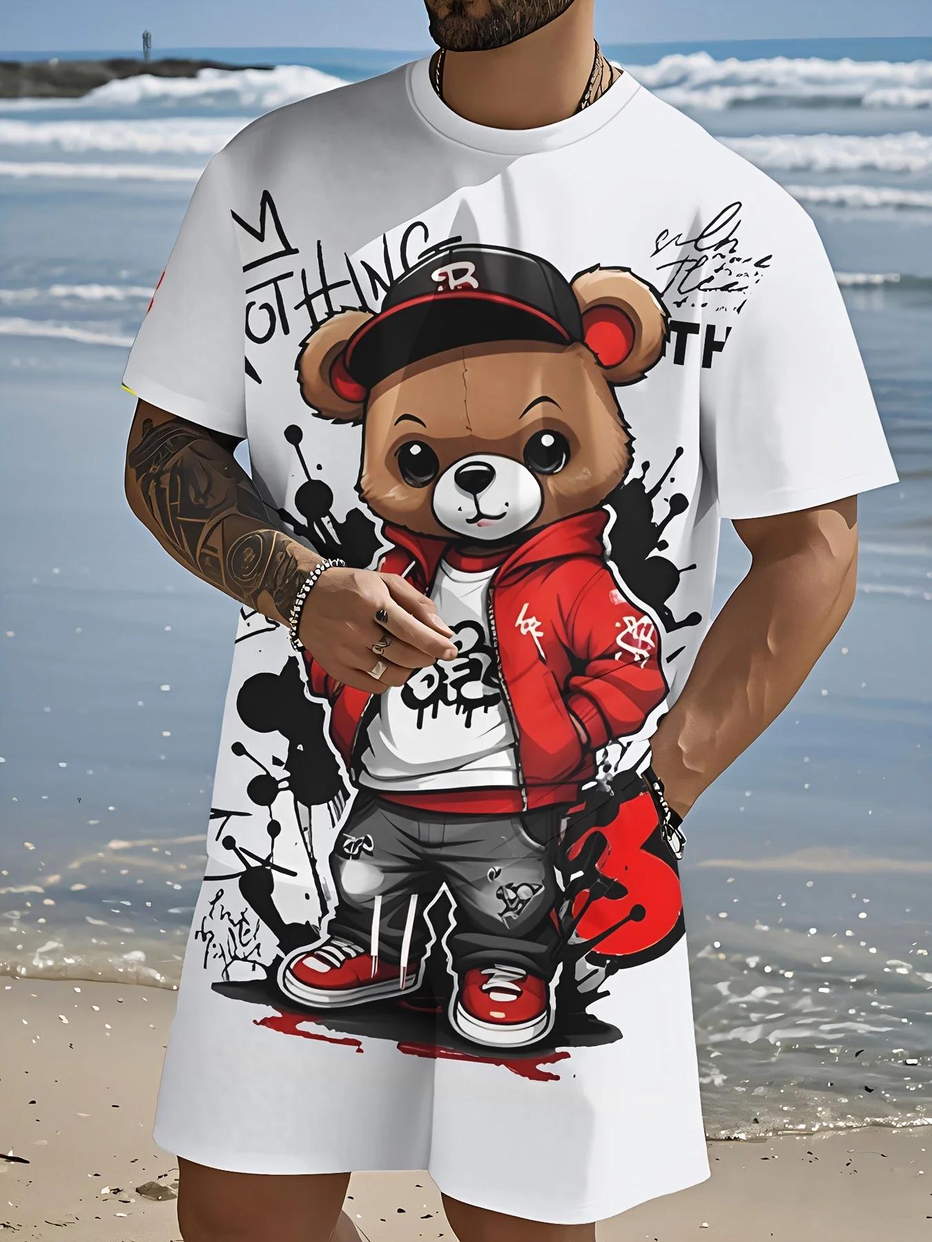 Ensemble T-shirt et short à col rond pour hommes, nouvelle mode d'été imprimé ours en peluche, doux 