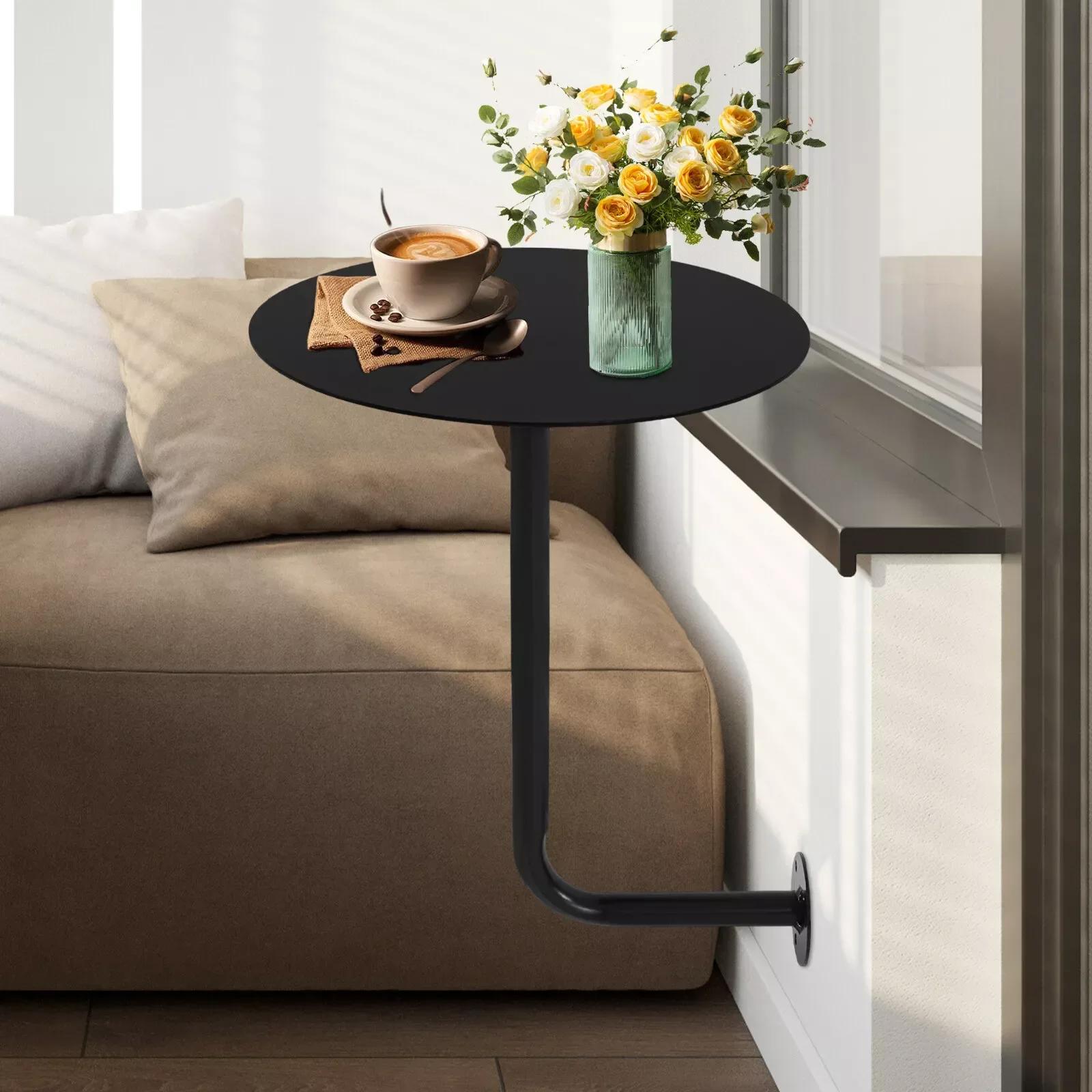 Table de bar ronde noire en forme de L fixée au mur, table peu encombrante, idéale pour l'utilisatio
