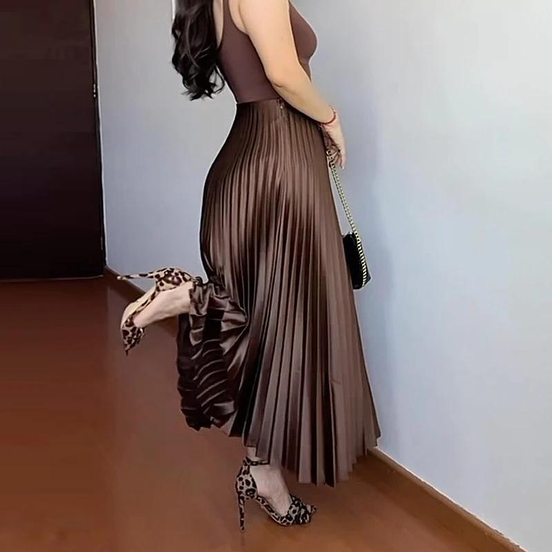 HXAO femmes jupe plissée été marron jupe à volants cylindre plis taille moyenne jupe Midi mode éléga
