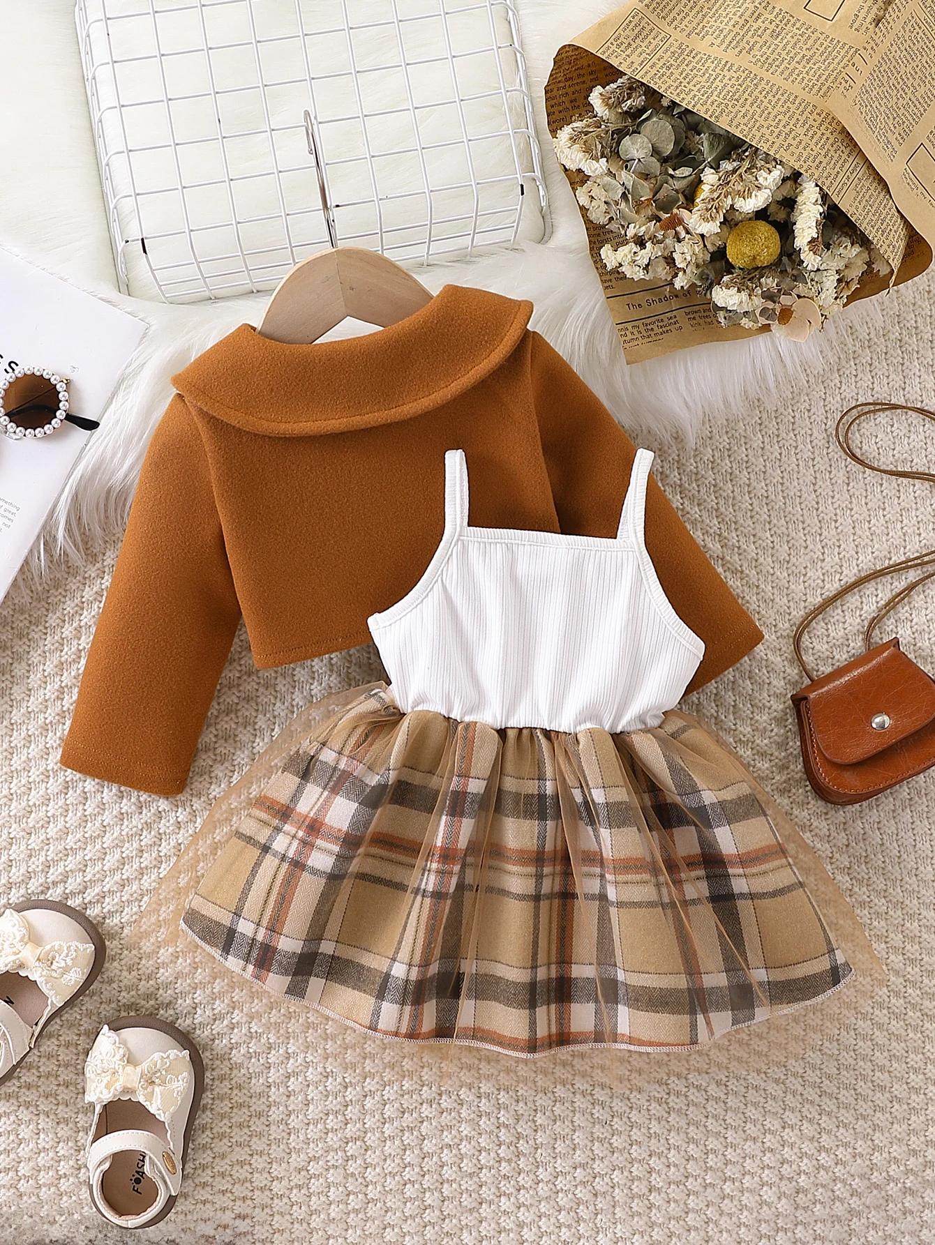 Ensemble jupe et veste courte en tulle à carreaux pour bébé fille