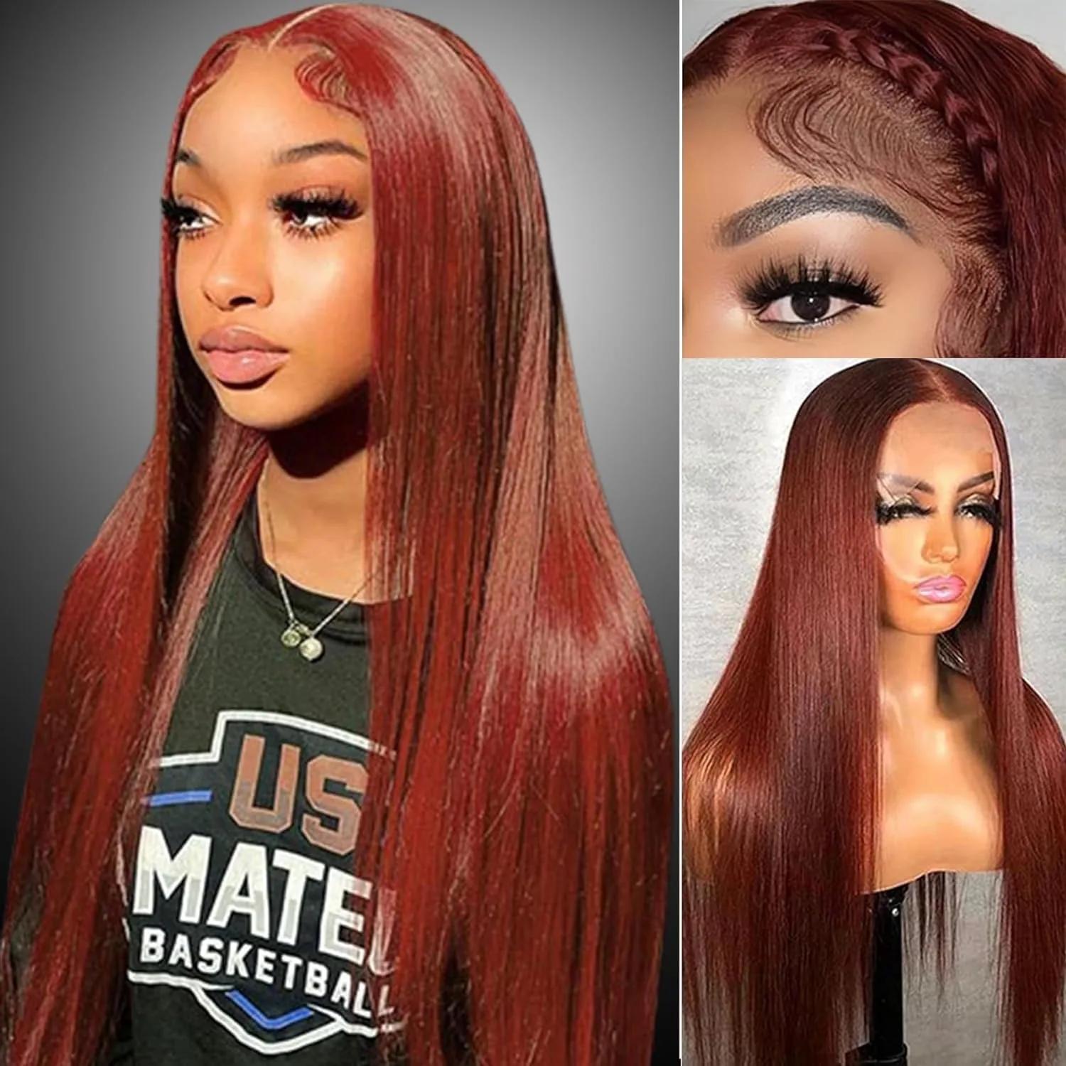 Perruque malaisienne naturelle, cheveux lisses, brun rousse, 4x4, 30 pouces, pre-plucked, avec baby 