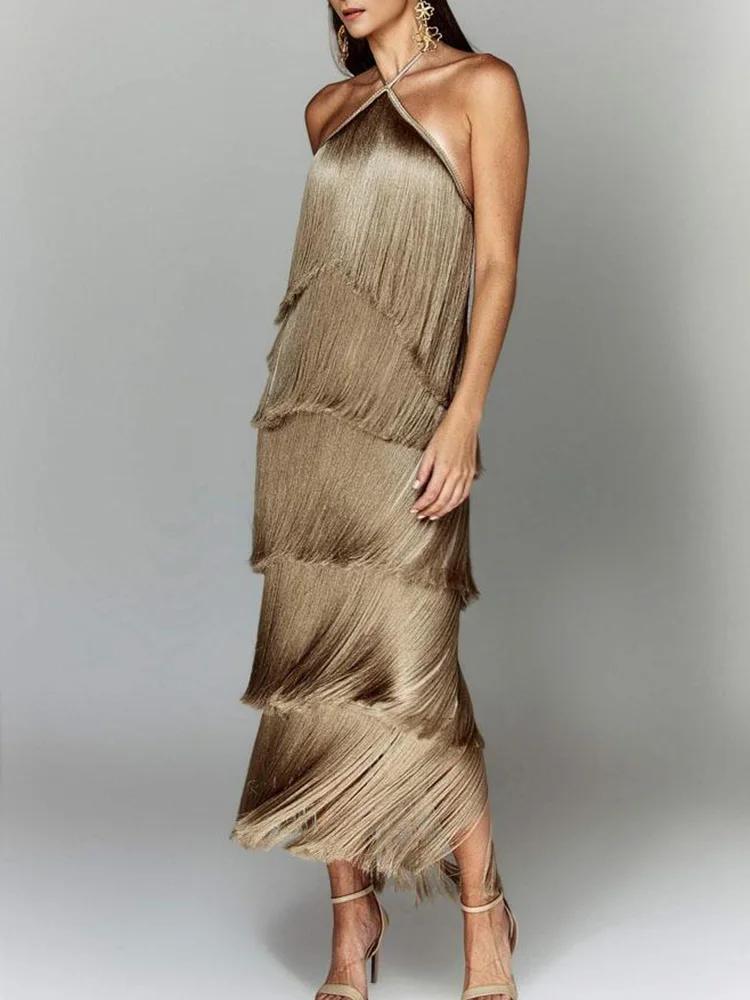 Robe maxi patchwork à pampilles pour femmes, robe de soirée à col licou en fibre, robe monochrome po