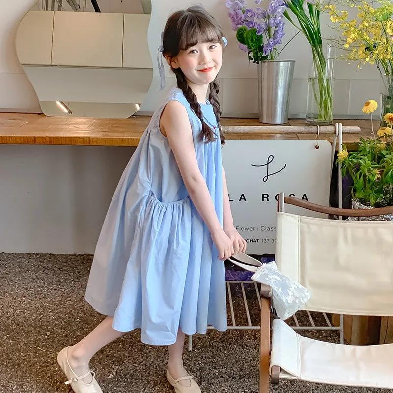 Robe d'été sans manches pour filles de 2 à 10 ans, couleur unie, grandes poches latérales, bleue, fr