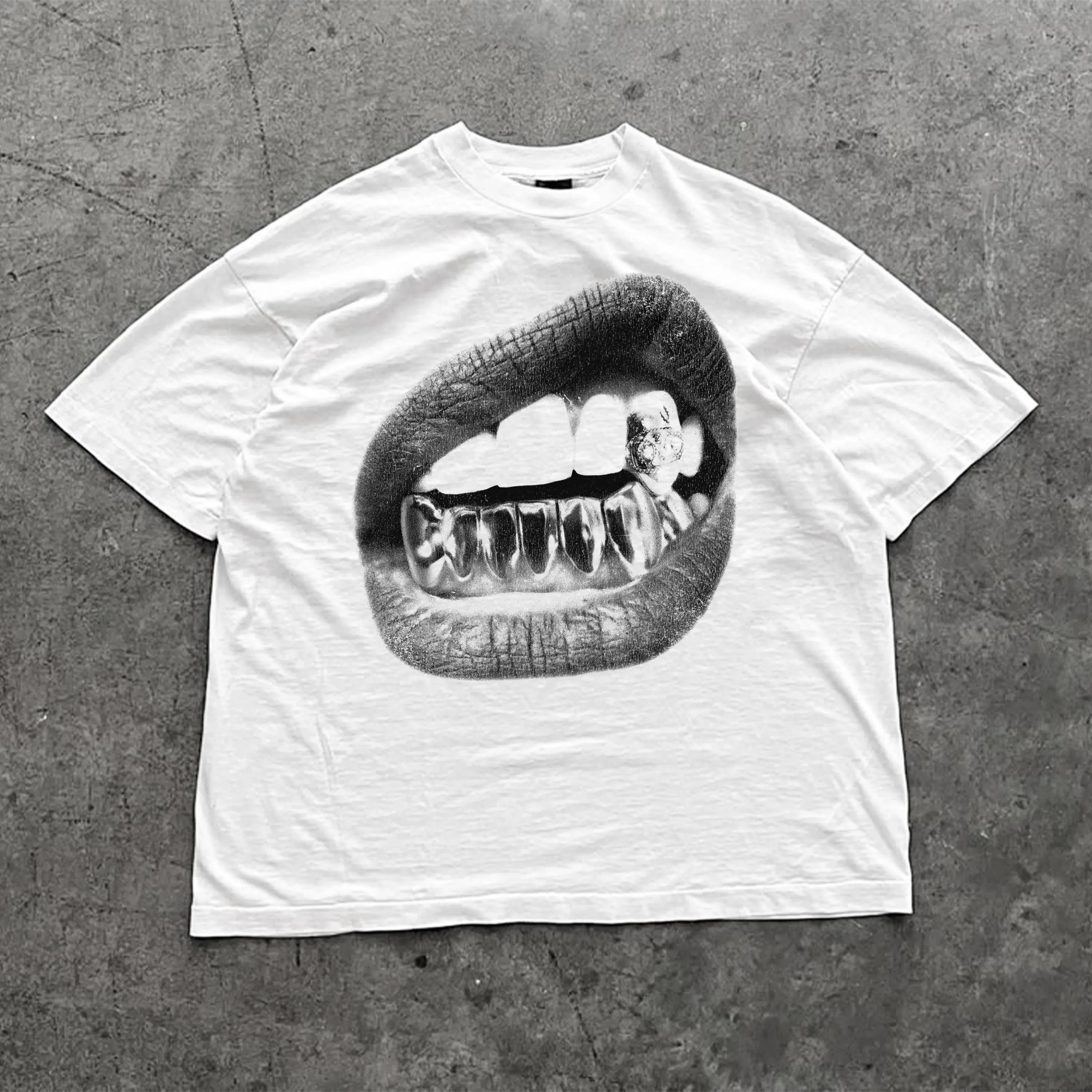 Big Lips Y2k bouche t-shirt Grillz blanc t-shirt-unisexe Y2k chemise Streetwear t-shirt hommes vêtem