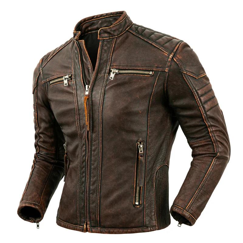 Veste de moto à col montant en cuir de vachette naturel pour hommes, vêtements de motard, marron rét
