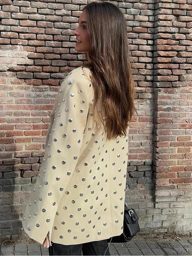 SLTNX Blazer décontracté pour femme avec décoration à rivets, manches longues, col en V, beige, mant