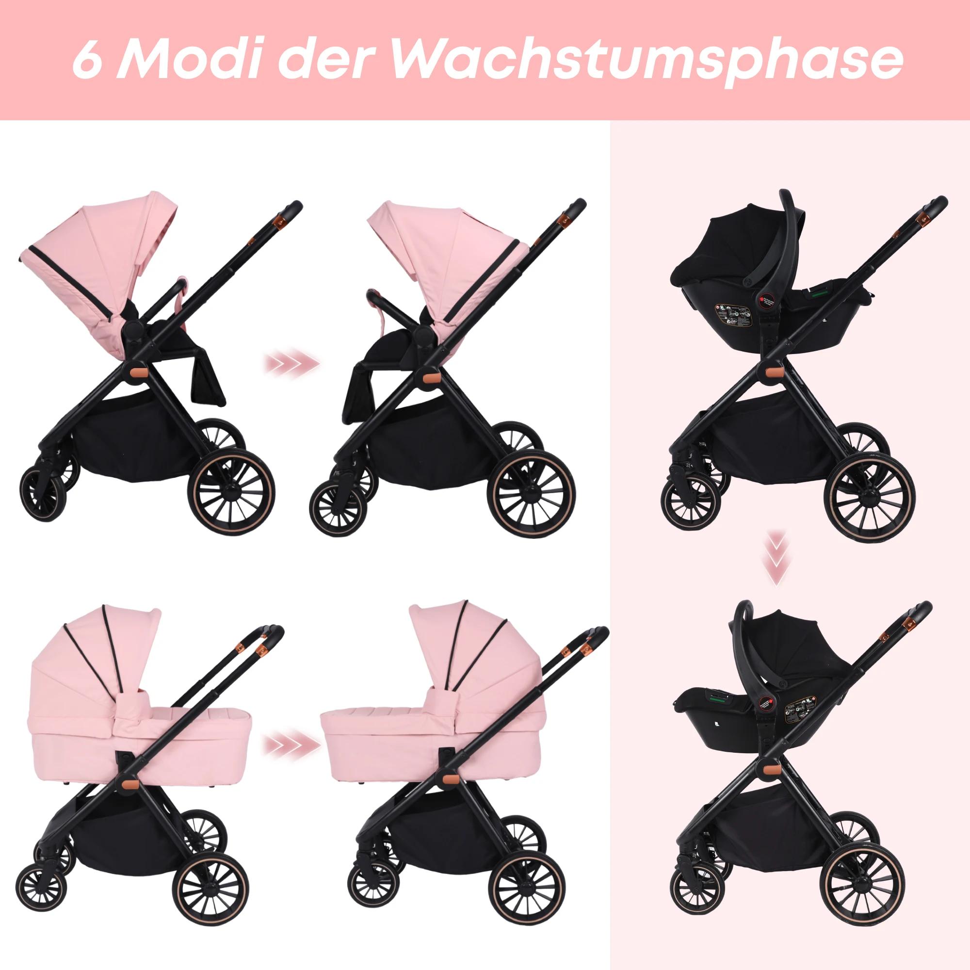 Poussette bébé 4 en 1 avec siège auto pour bébé et base ISOFIX, poussette réversible multifonctionne