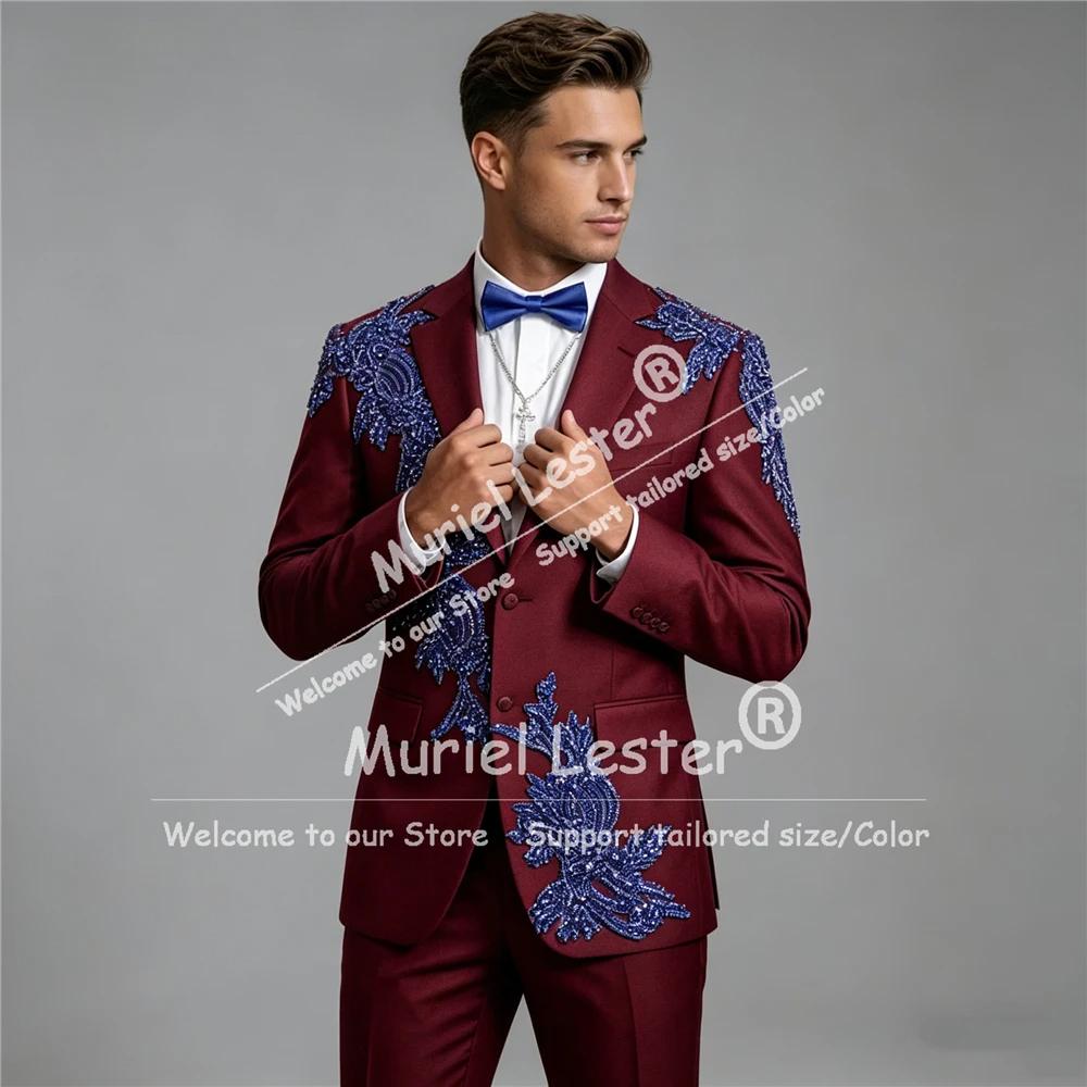 Costumes de mariage exclusifs pour le marié, blazer bleu avec appliques perlées, smoking personnalis