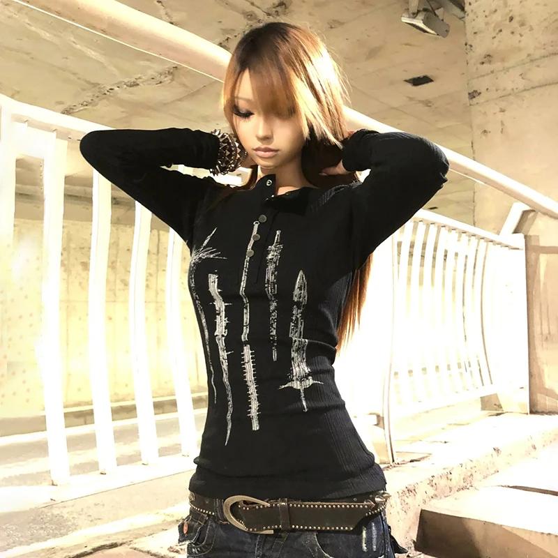 Karrcat Grunge esthétique tatouage imprimé hauts tricotés Trashy Y2k à manches longues tricot T-shir