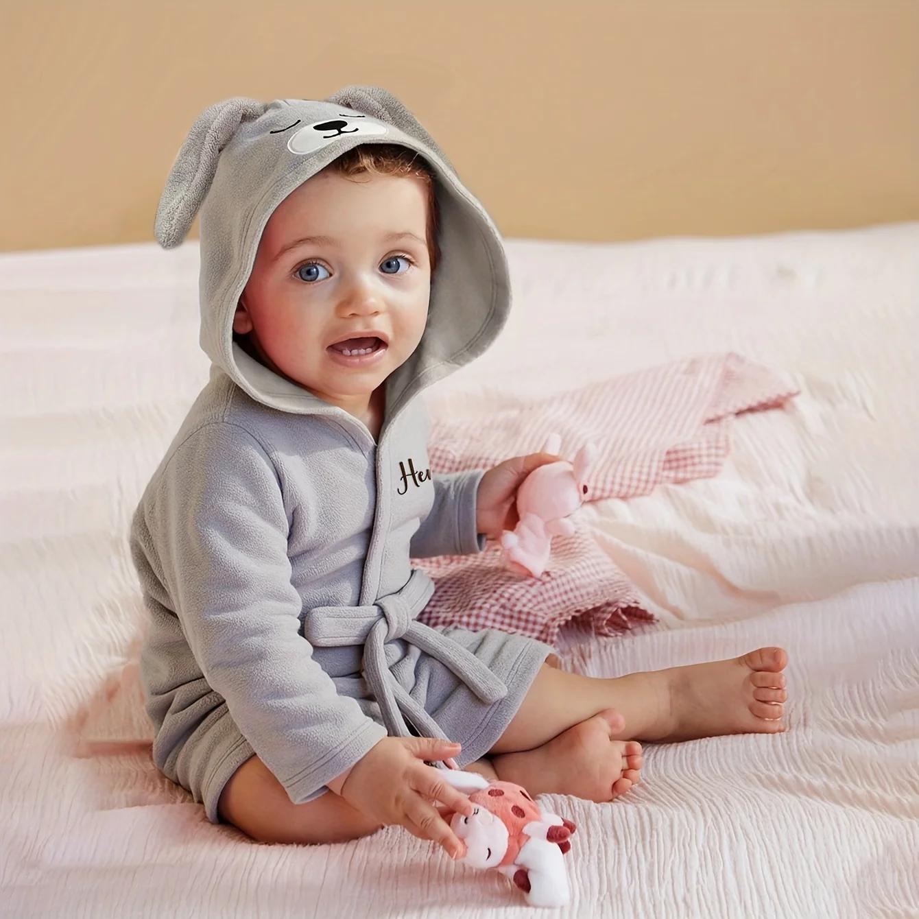 Serviette pour bébé à capuche avec ours brodé avec nom personnalisé |   Peluche douce 74-84cm pour 1