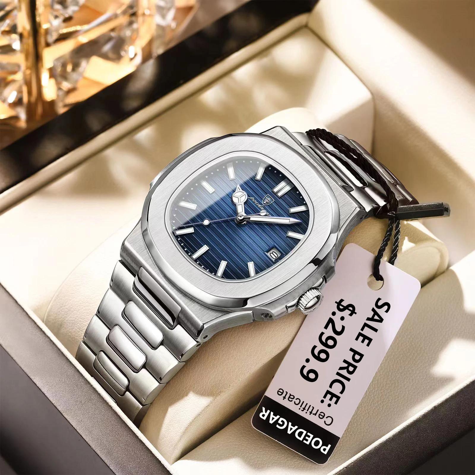 POEDAGAR carré luxe hommes montre-bracelet étanche lumineux Date en acier inoxydable mâle horloge af