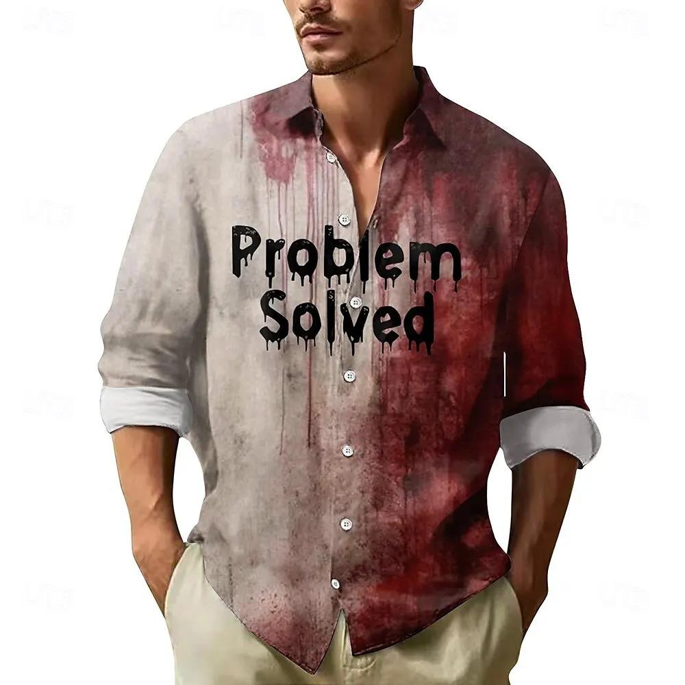 2025 Halloween hommes lettre imprimée taches de sang chemise boutonnée chemise à manches longues fon