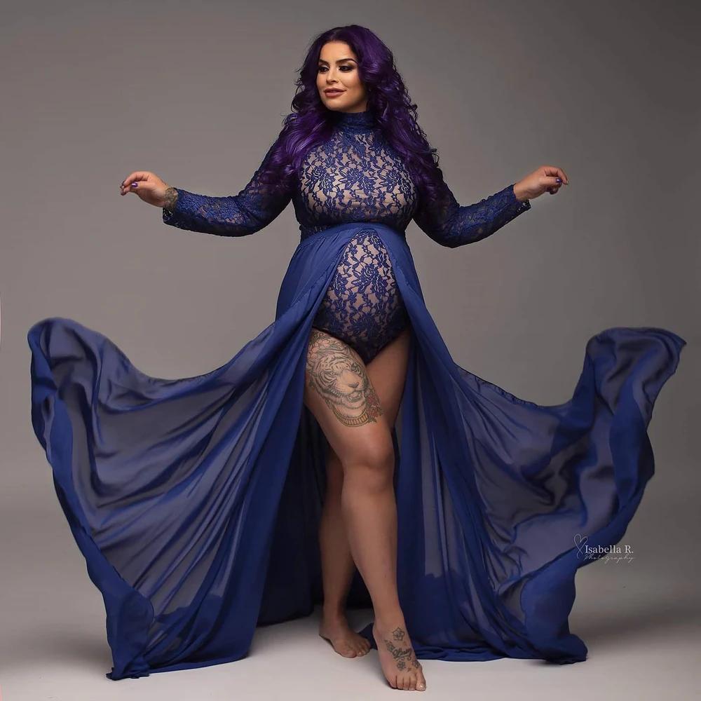 Robe d'accessoires de photographie de maternité, body en dentelle extensible, jupe fendue sur les cô