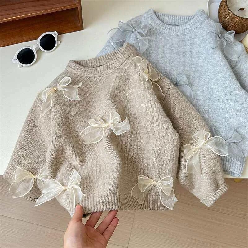 Chandails coréens de couleur unie pour filles, vêtements pour enfants avec nœud mignon, automne hive