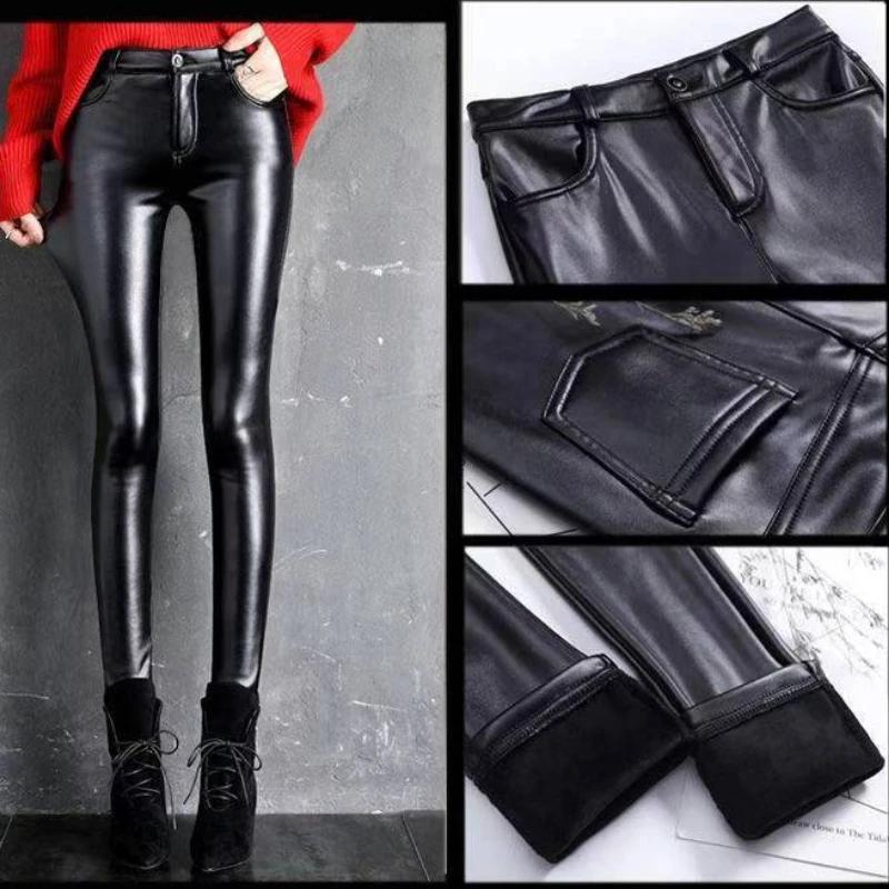 Pantalon en cuir PU en cachemire pour femme, épais et polaire, taille haute, Slim, serré, chaud, Leg