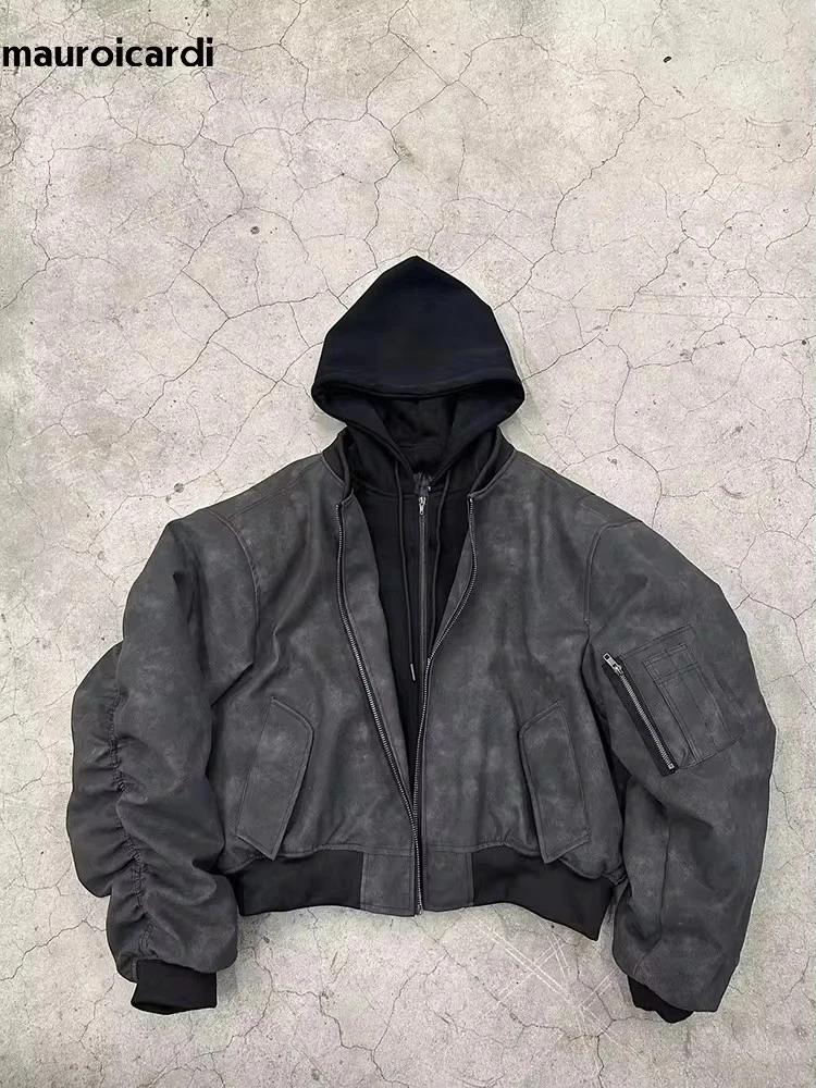 Mauroicardi printemps surdimensionné Vintage noir Faux daim veste en cuir hommes fermeture éclair fa