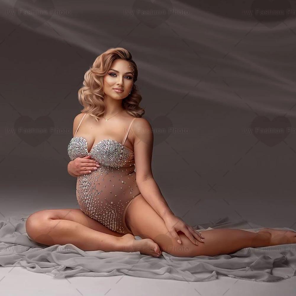 Combinaison de maternité Sexy à haute élasticité, body en tissu Spandex avec perles d'eau et diamant