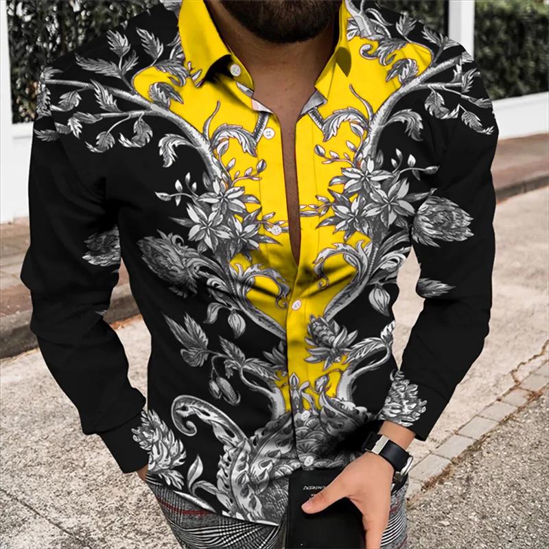 Chemise à manches longues à motif floral pour hommes, chemise imprimée en 3D, costume à revers, robe