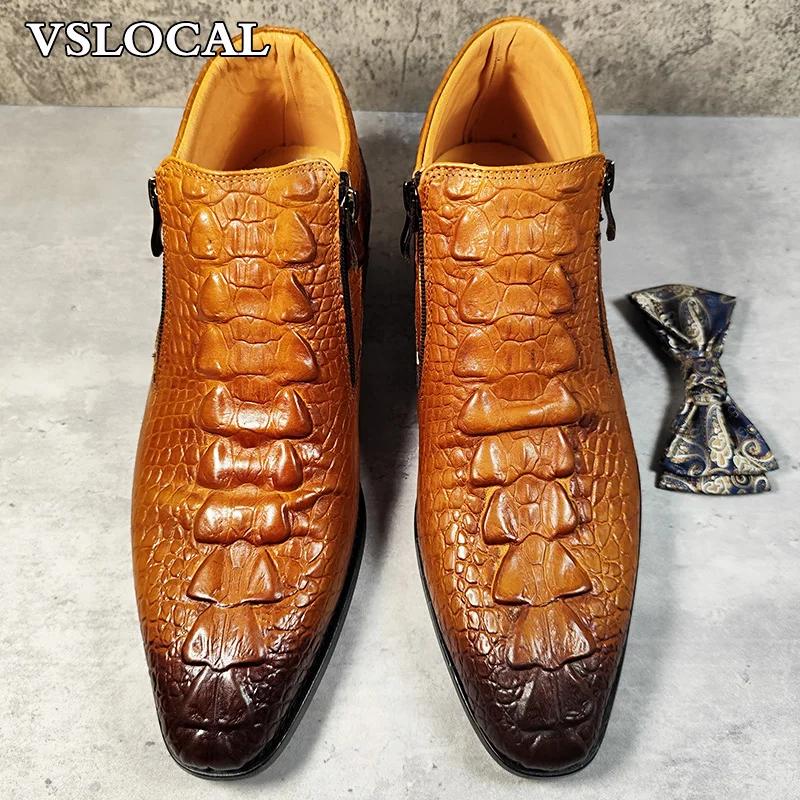 Marque de luxe hommes bottines chaussures noir marron Crocodile imprime fermeture éclair Chelsea bot