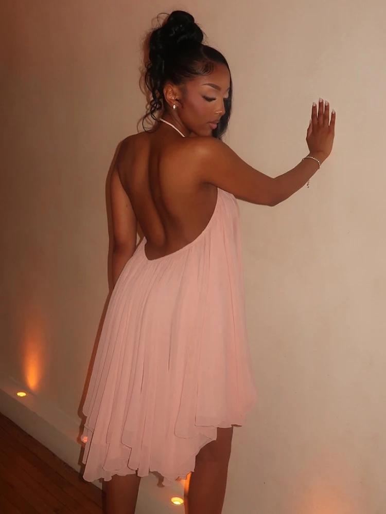 Sisterlinda – robe licou pour femmes, ourlet asymétrique, sans manches, dos nu, couleur unie, fête s