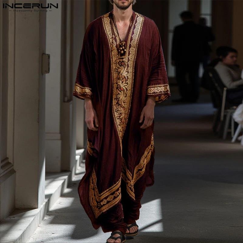 INCERUN hommes Jubba Thobe impression Patchwork col en V à manches longues hommes Robes caftan musul