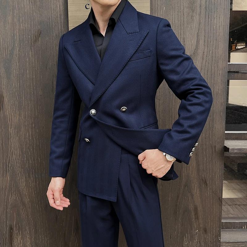 Blazers à double boutonnage de style britannique pour hommes, optique de document solide, vestes cha