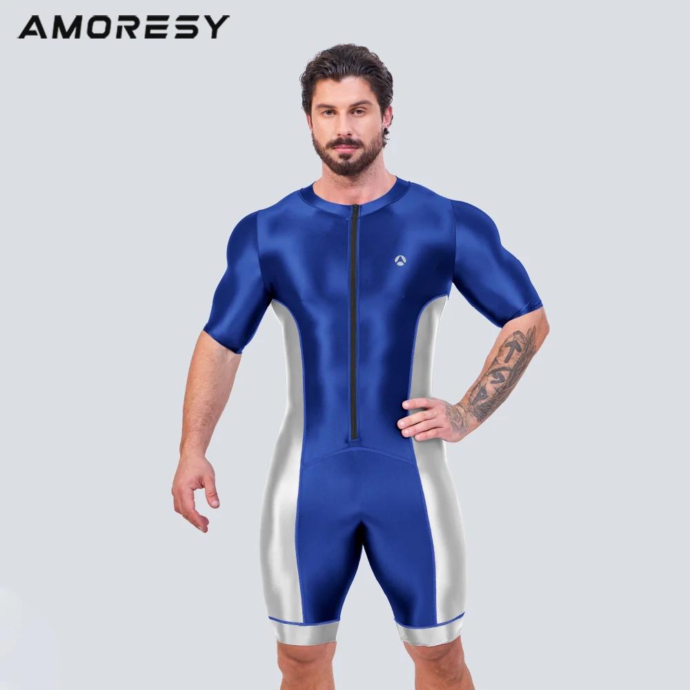 AMORESY-Combinaison de sport en satin brillant pour homme, survêtement de course, de cyclisme, de fi