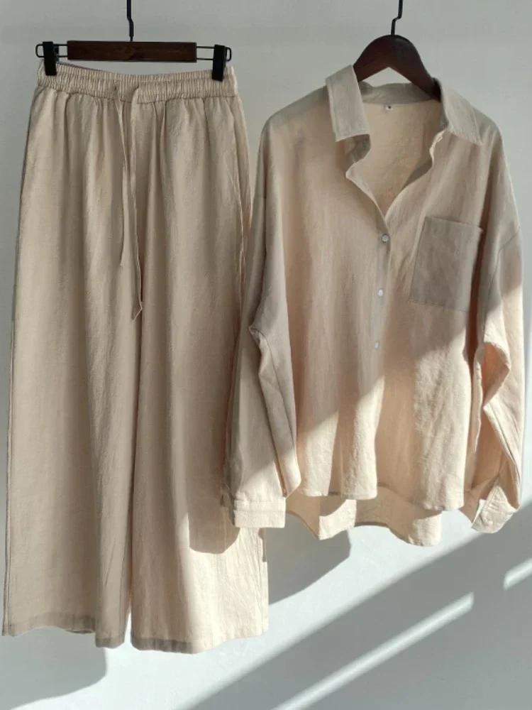 Costume chemise en coton et lin pour femmes, nouvelle tendance, taille haute, pantalon ample, ensemb