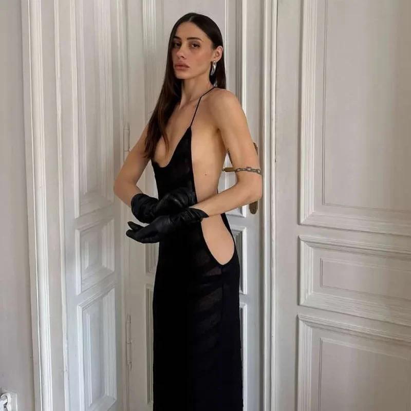 Maille voir à travers Sexy licou fête Club Maxi robe fendue tenues femmes été sans manches dos nu mo