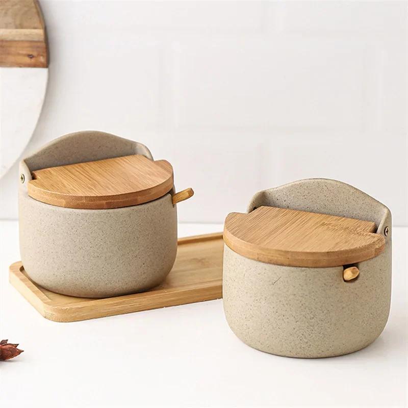 Pot d'assaisonnement en céramique de Style japonais, couvercle en bambou, pot à épices avec cuillère