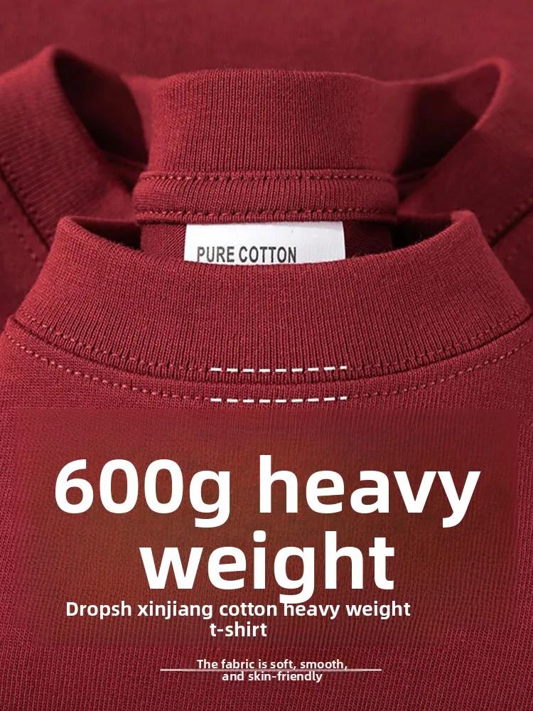 T-shirt en coton kaki épais 600G pour homme, style minimaliste, coupe ample décontractée, manches co