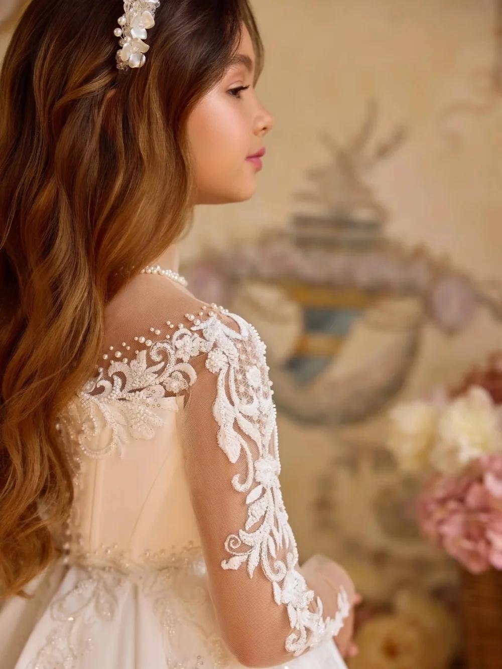 Robe de princesse en Satin blanc pour enfants, robe de bal avec perles brodées, en Tulle, à manches 