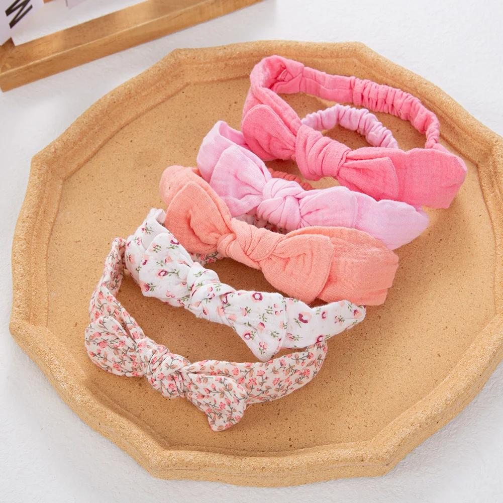 5 pièces/ensemble solide mousseline coton lin bébé bandeau élastique lapin oreille bandeau de cheveu