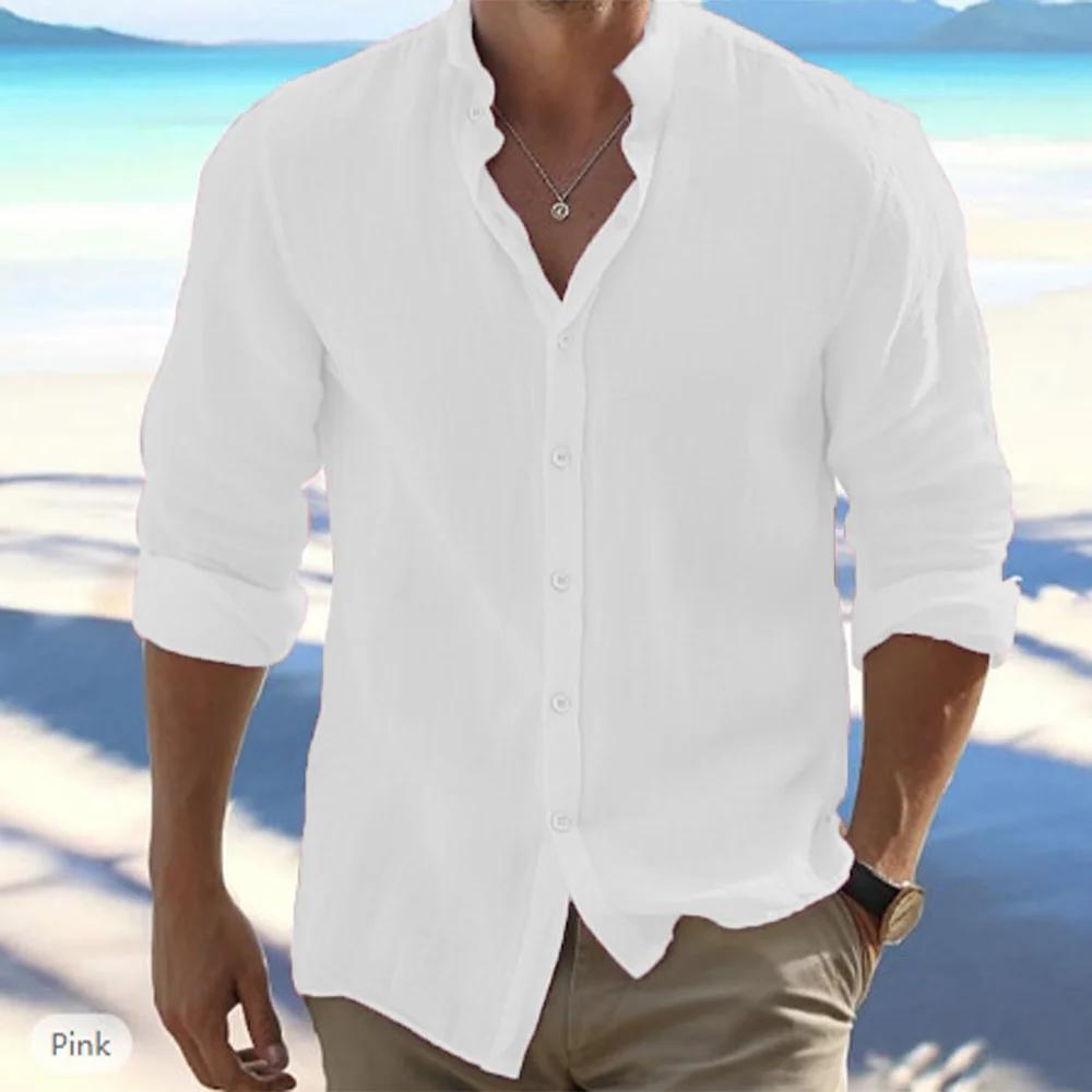 Chemises à manches longues pour hommes, en coton et lin, couleur unie, col montant, décontracté, Sty